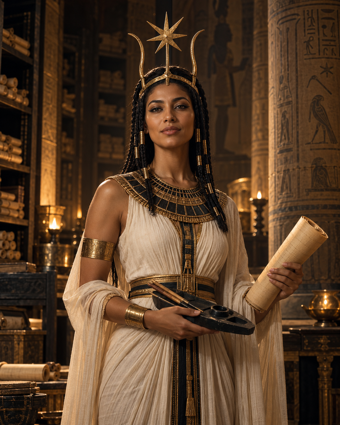 Representación artística de Seshat en un archivo del antiguo Egipto