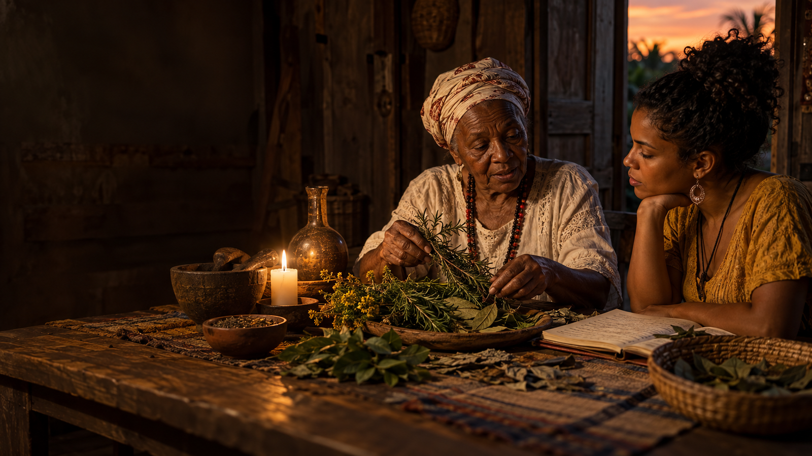 Representación artística de una abuela compartiendo conocimientos sobre plantas con una mujer joven